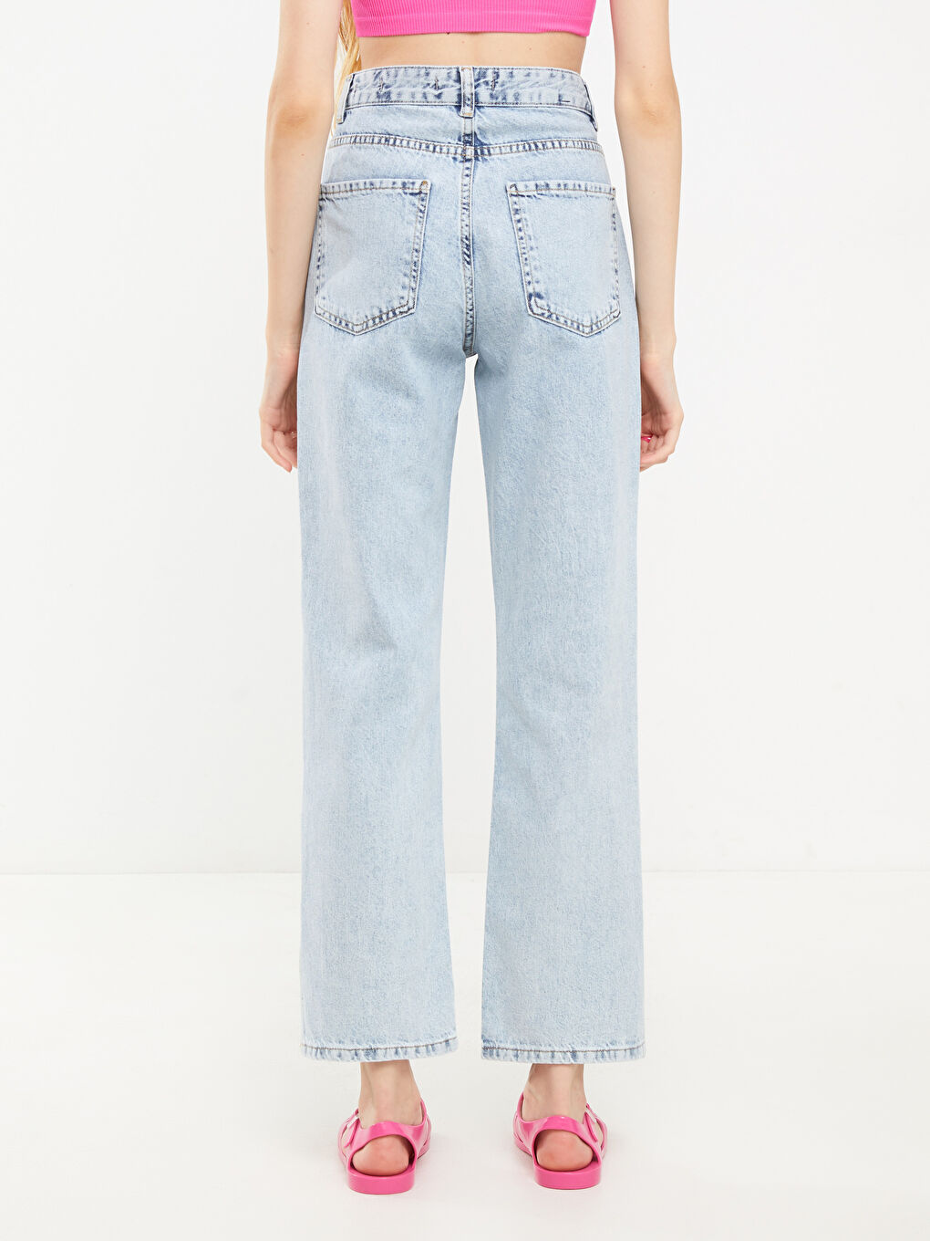 Дамски Дънки Rodeo с Висока Талия, Прав Модел, Прави Крачоли и Детайлни Джобове-7