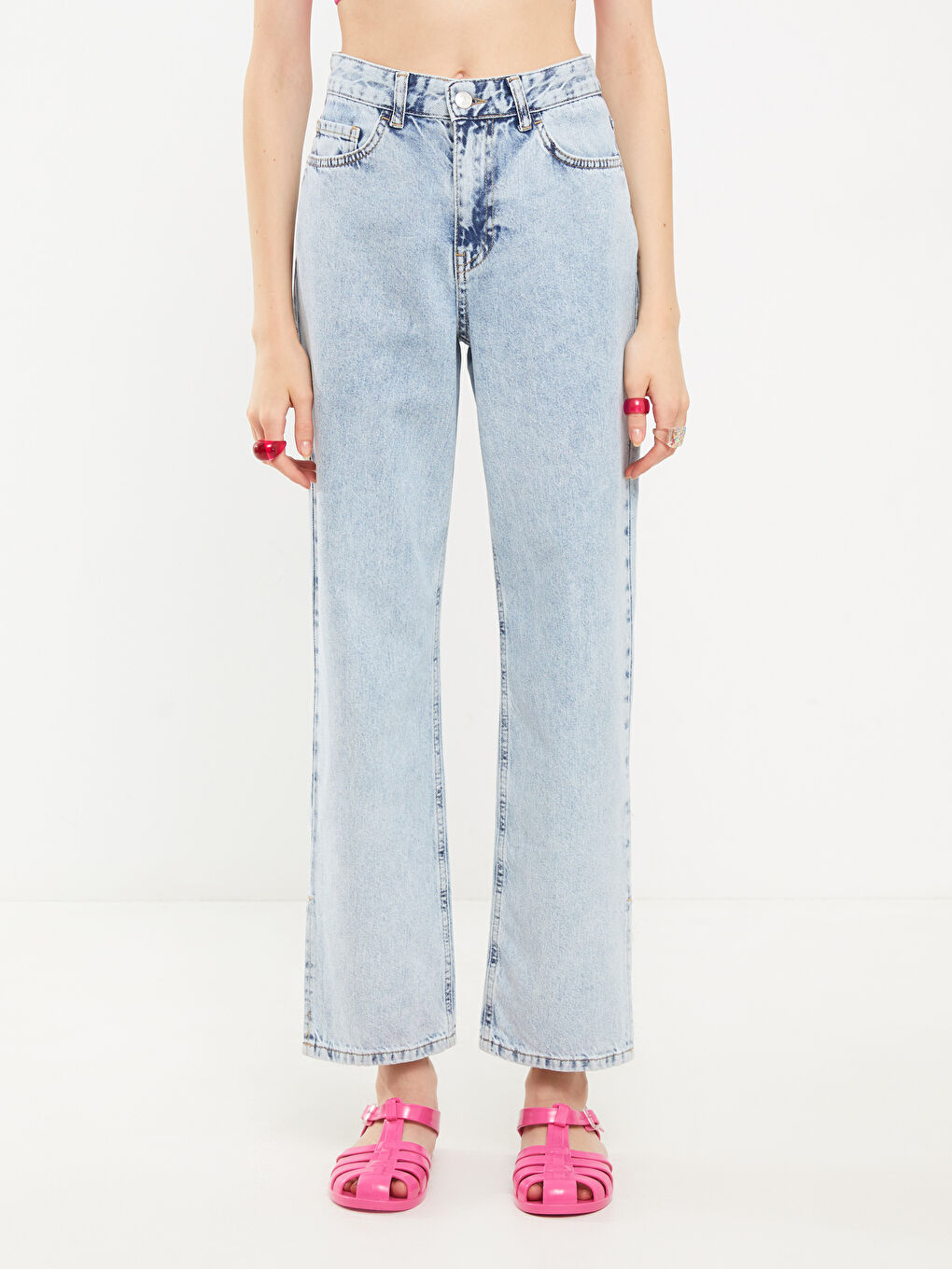 Дамски Дънки Rodeo с Висока Талия, Прав Модел, Прави Крачоли и Детайлни Джобове-8