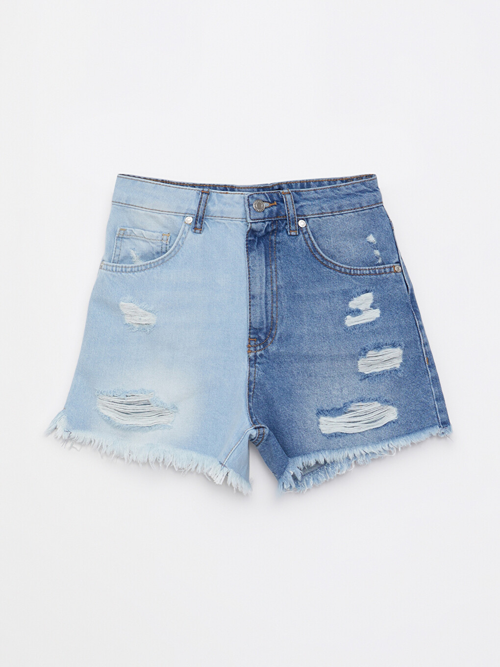 İndigo Yüksek Bel Mom Fit Renk Bloklu Yırtık Detaylı Kadın Rodeo Jean Şort-6