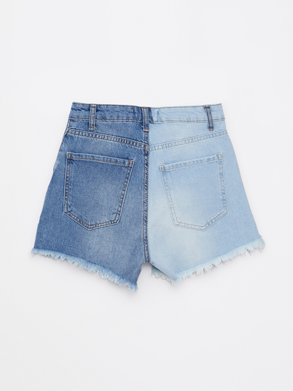 İndigo Yüksek Bel Mom Fit Renk Bloklu Yırtık Detaylı Kadın Rodeo Jean Şort-7