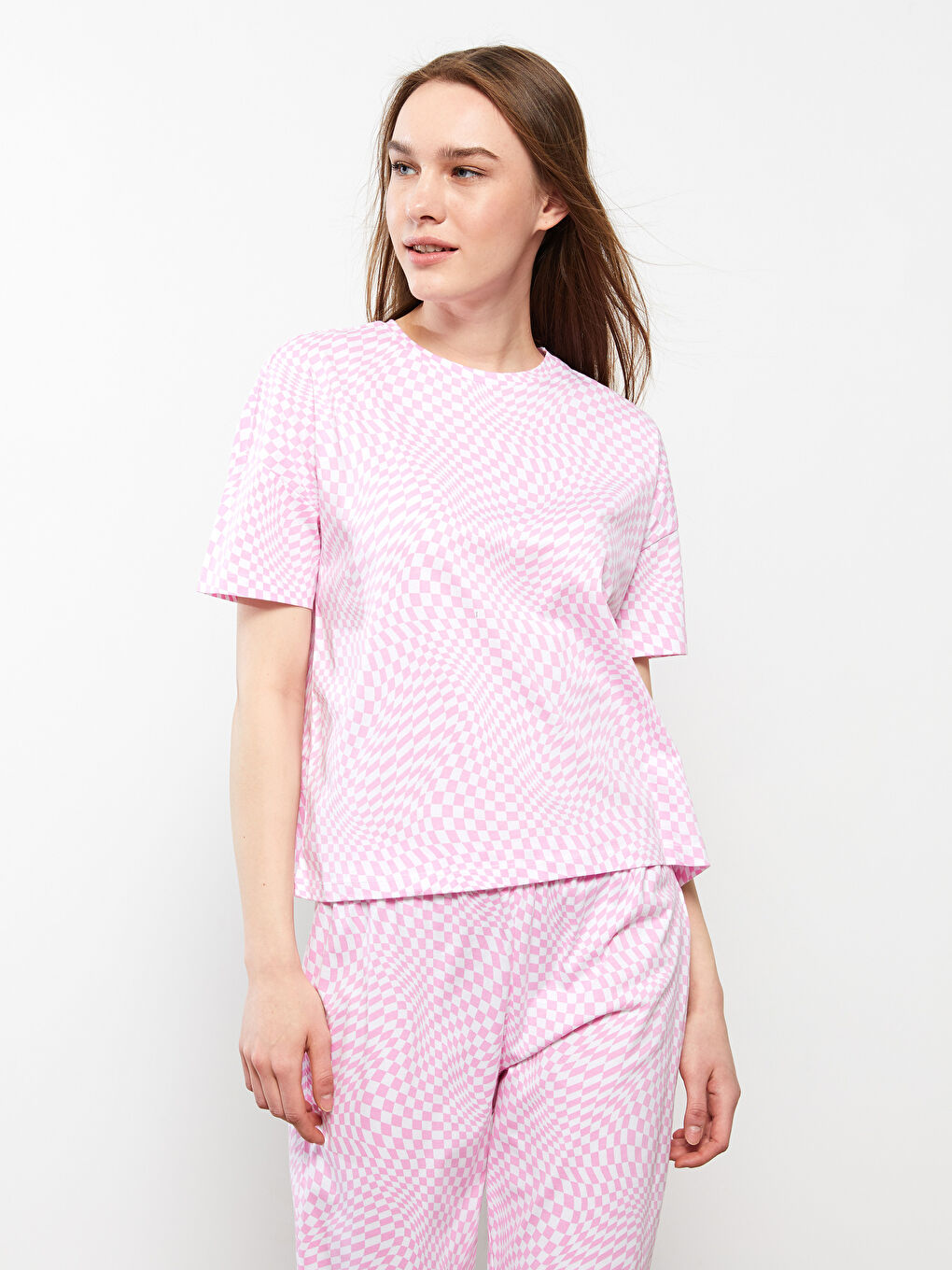 Pembe Bisiklet Yaka Desenli Kısa Kollu Pamuklu Kadın Pijama Takımı-2