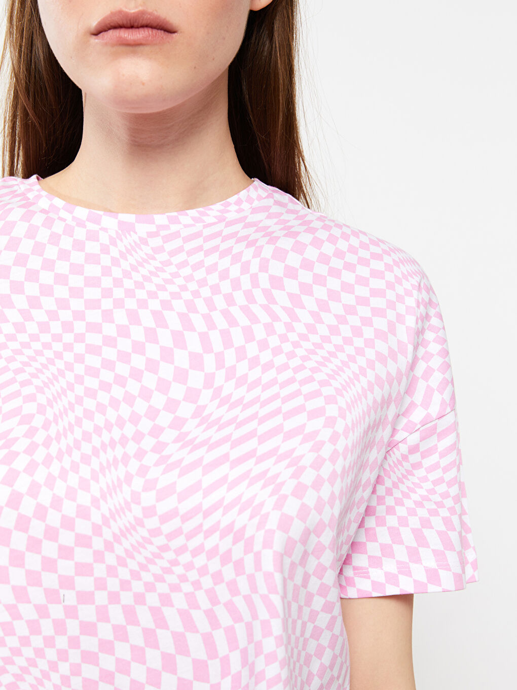 Pembe Bisiklet Yaka Desenli Kısa Kollu Pamuklu Kadın Pijama Takımı-3