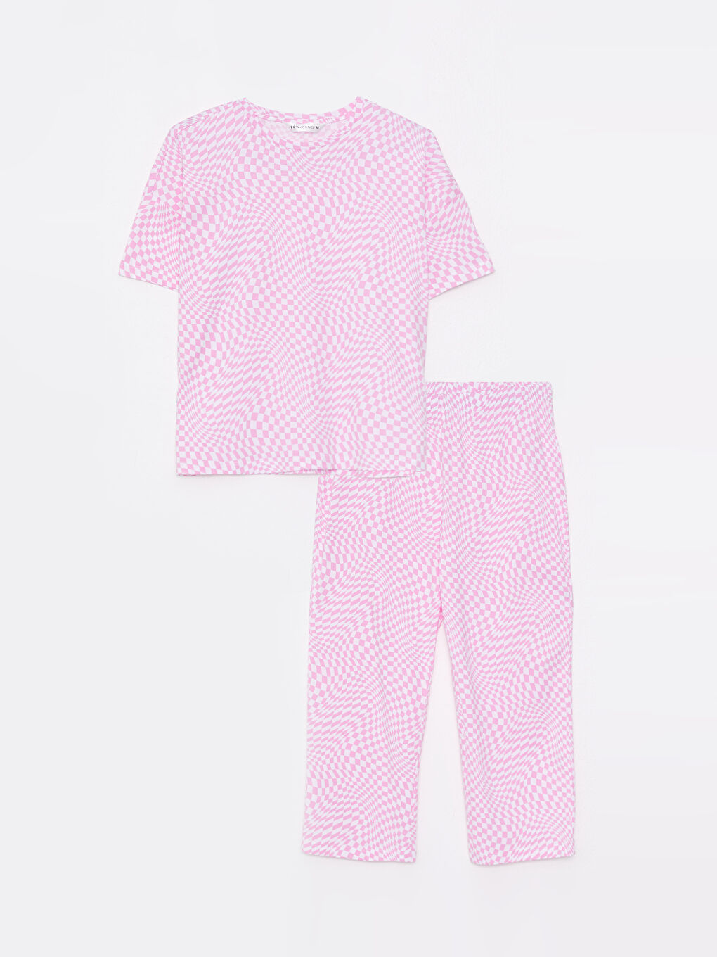 Pembe Bisiklet Yaka Desenli Kısa Kollu Pamuklu Kadın Pijama Takımı-5