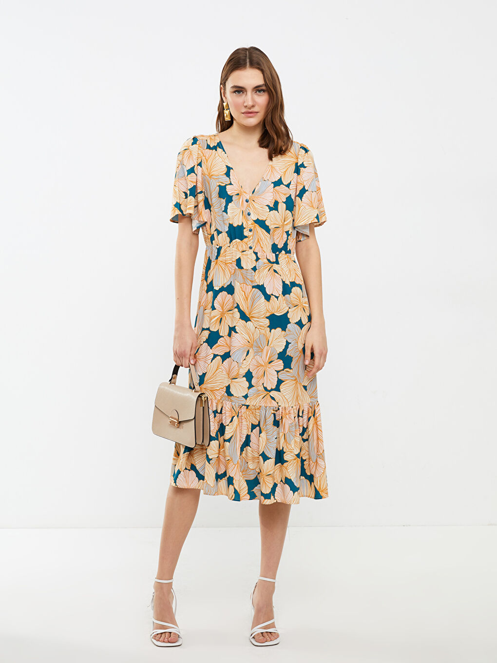 Pembe V Yaka Çiçekli Kısa Kollu Viskon Kadın Elbise-1