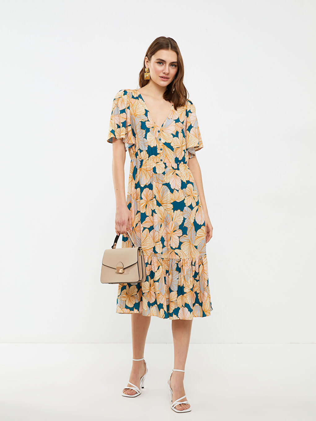 Pembe V Yaka Çiçekli Kısa Kollu Viskon Kadın Elbise-2