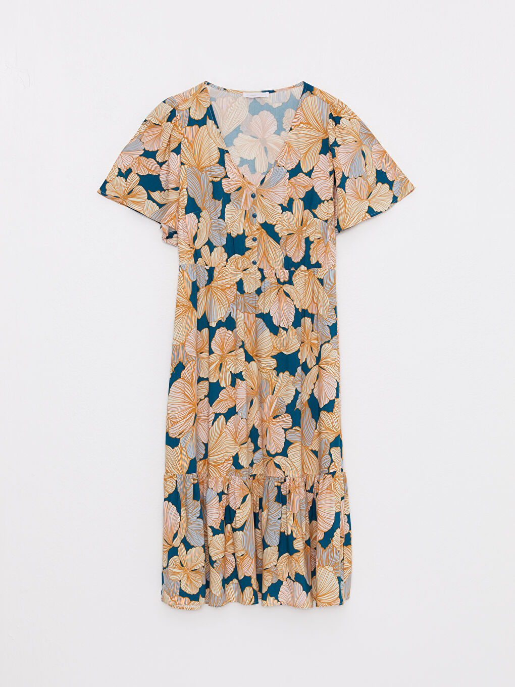 Pembe V Yaka Çiçekli Kısa Kollu Viskon Kadın Elbise-5