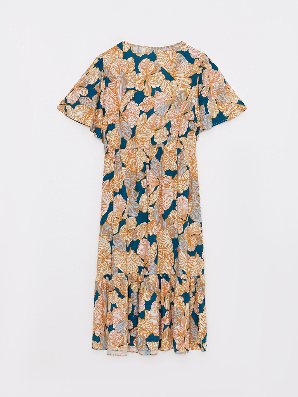 Pembe V Yaka Çiçekli Kısa Kollu Viskon Kadın Elbise-6