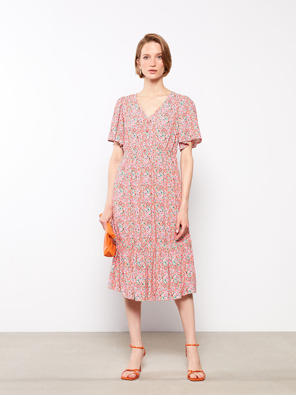 V-Neck Floral Short Sleeve Viscose Women's Dress