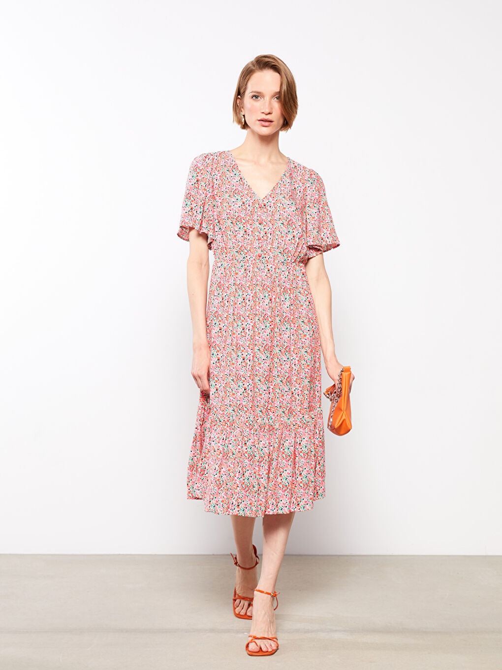 V-Neck Floral Short Sleeve Viscose Women's Dress-1