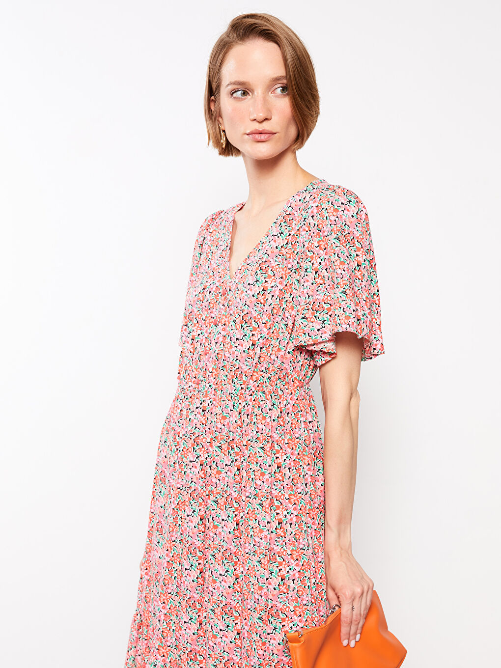 V-Neck Floral Short Sleeve Viscose Women's Dress-2