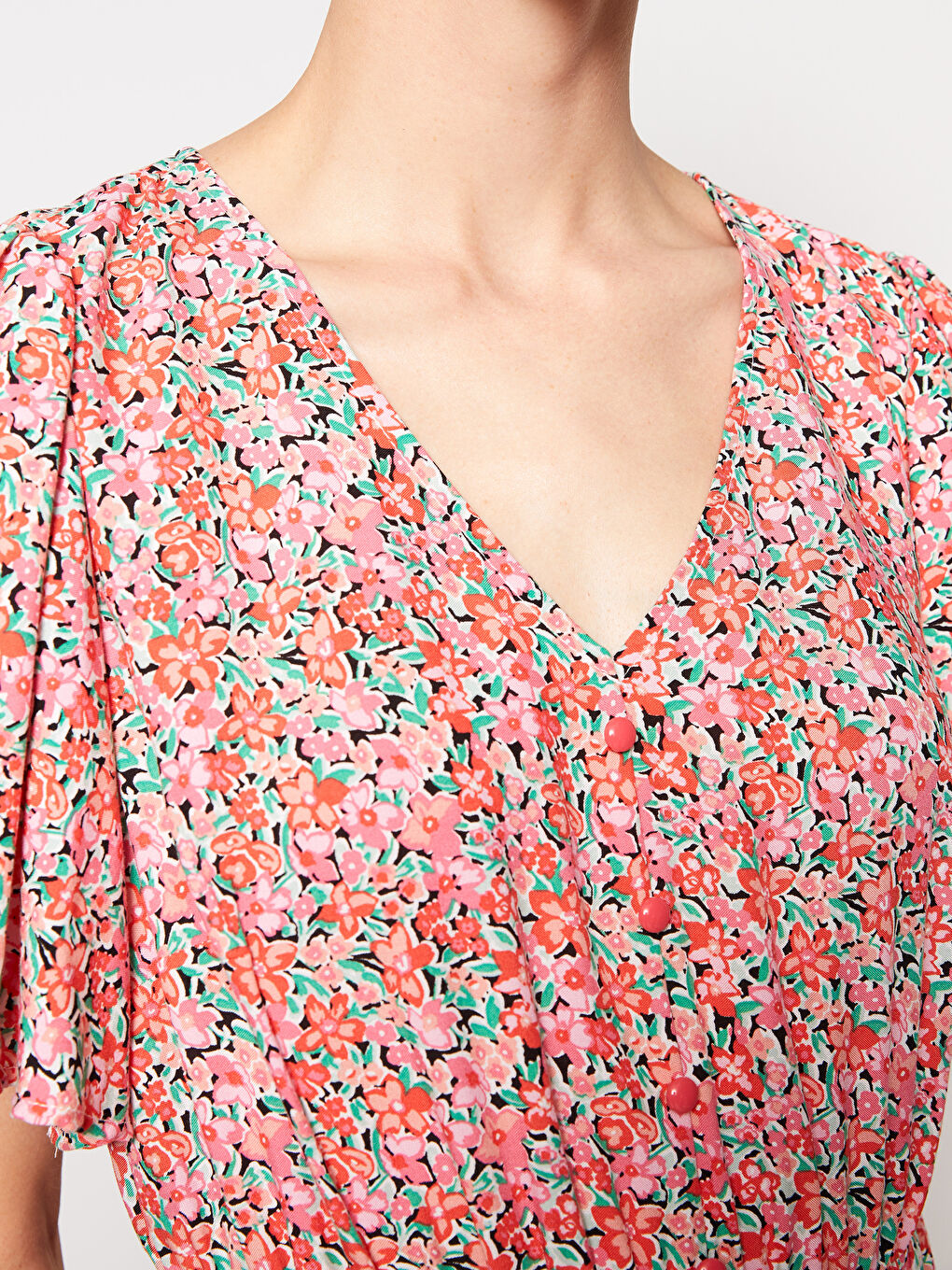 V-Neck Floral Short Sleeve Viscose Women's Dress-3