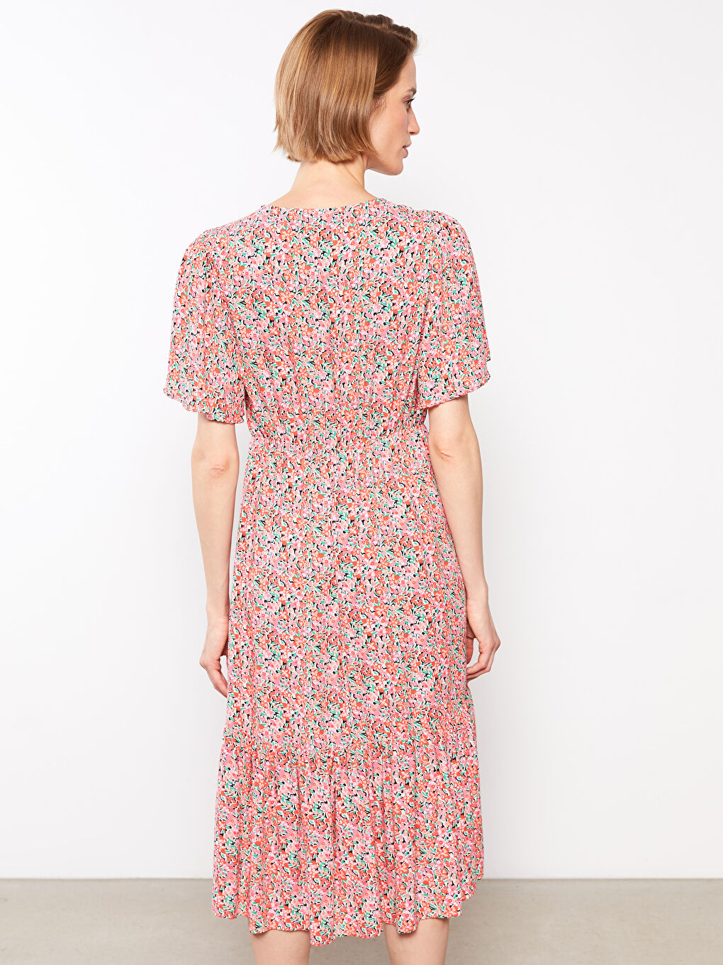V-Neck Floral Short Sleeve Viscose Women's Dress-4