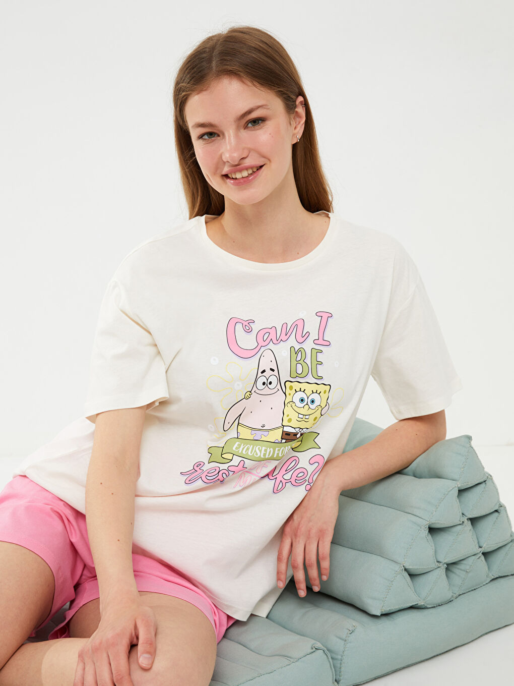 Crew Neck SpongeBob Printed Short Sleeve Cotton Women's Pajamas Set