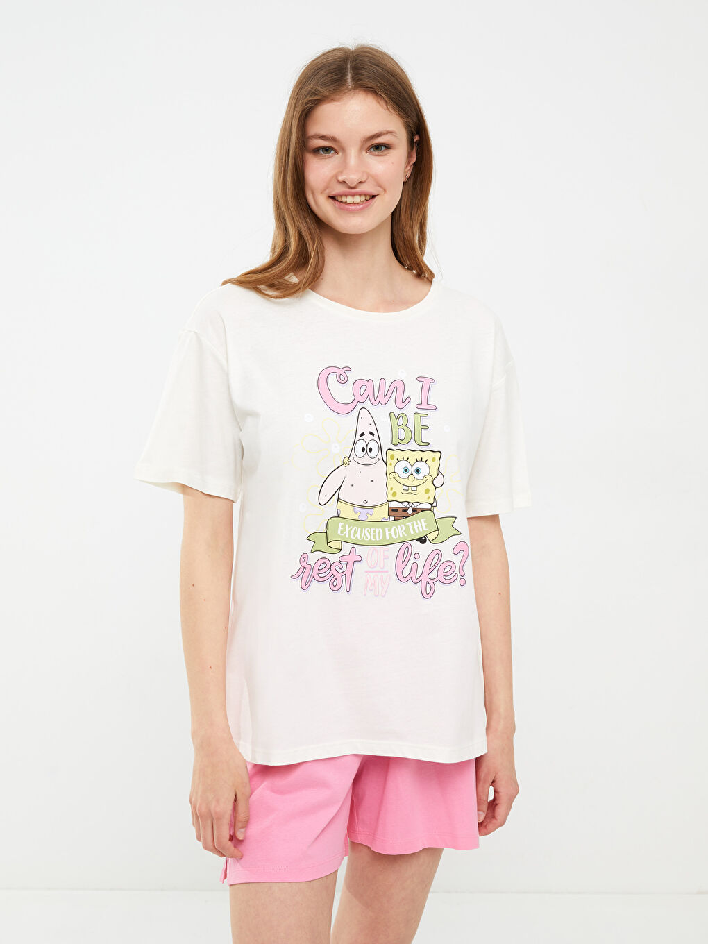 Crew Neck SpongeBob Printed Short Sleeve Cotton Women's Pajamas Set-1