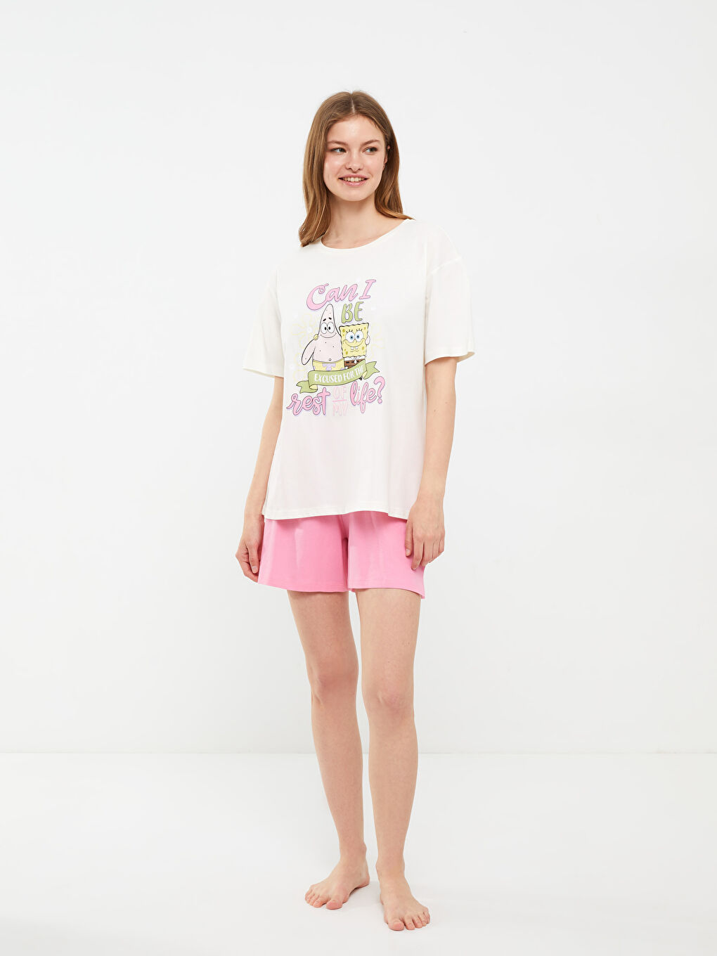 Crew Neck SpongeBob Printed Short Sleeve Cotton Women's Pajamas Set-2