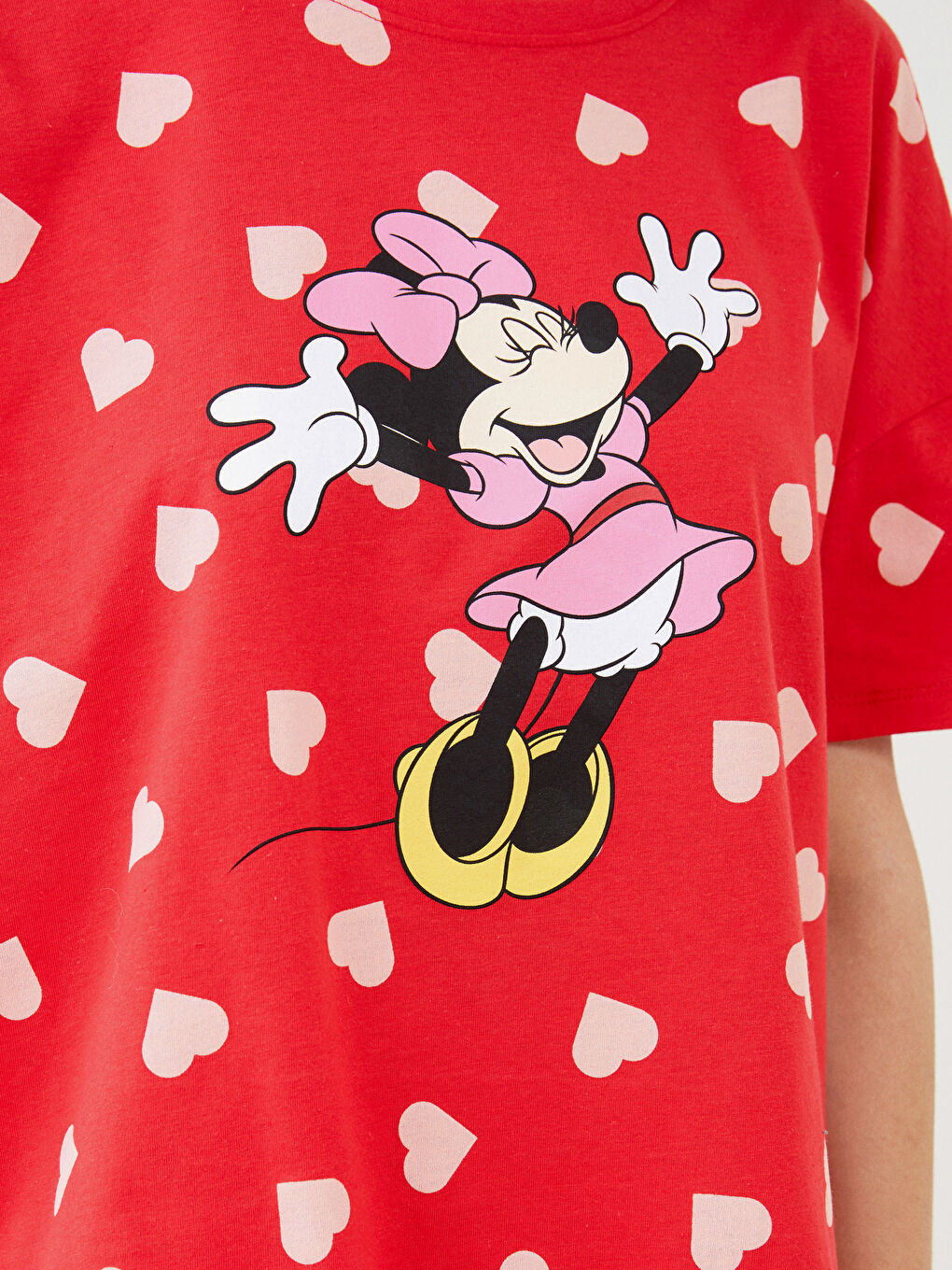 Kırmızı Bisiklet Yaka Minnie Mouse Baskılı Kısa Kollu Pamuklu Kadın Pijama Takımı-3
