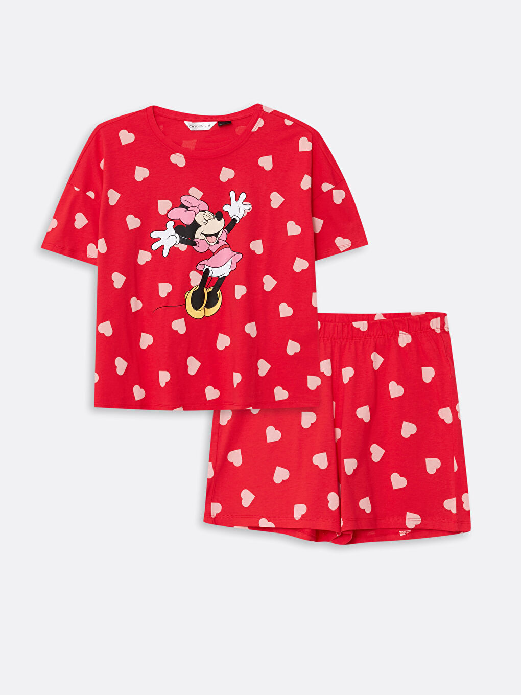 Kırmızı Bisiklet Yaka Minnie Mouse Baskılı Kısa Kollu Pamuklu Kadın Pijama Takımı-5