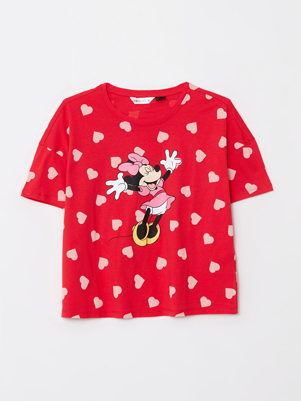 Kırmızı Bisiklet Yaka Minnie Mouse Baskılı Kısa Kollu Pamuklu Kadın Pijama Takımı-6