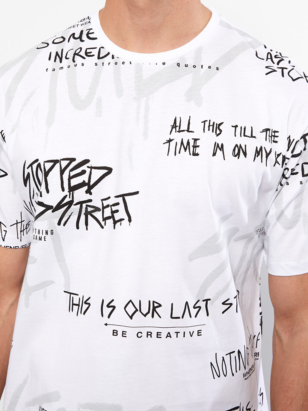 Beyaz Bisiklet Yaka Kısa Kollu Baskılı Penye Erkek Tişört-3