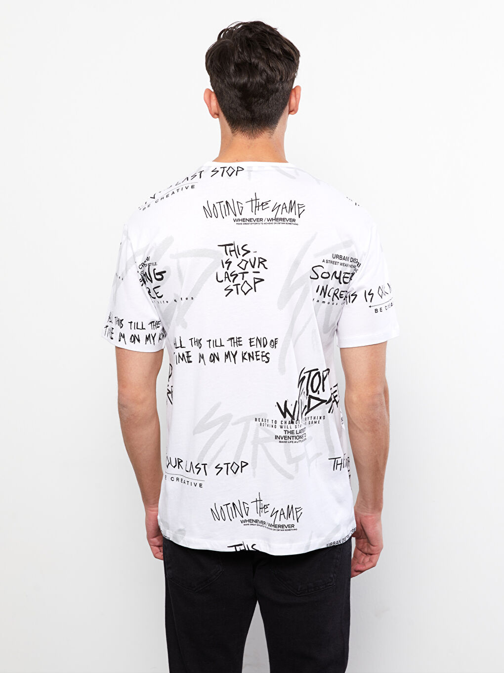 Beyaz Bisiklet Yaka Kısa Kollu Baskılı Penye Erkek Tişört-4