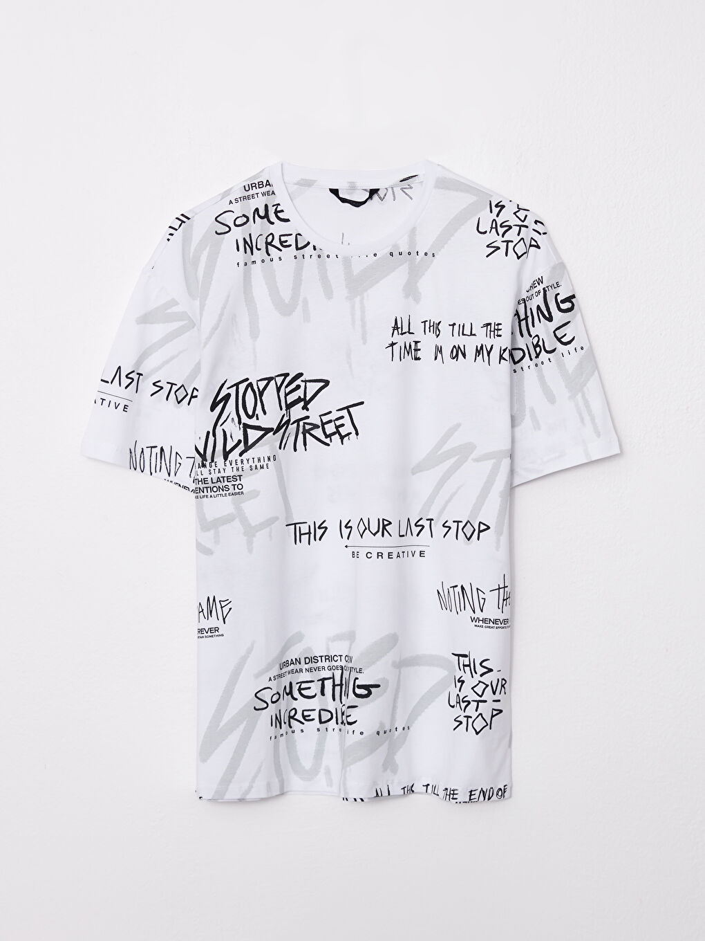 Beyaz Bisiklet Yaka Kısa Kollu Baskılı Penye Erkek Tişört-5