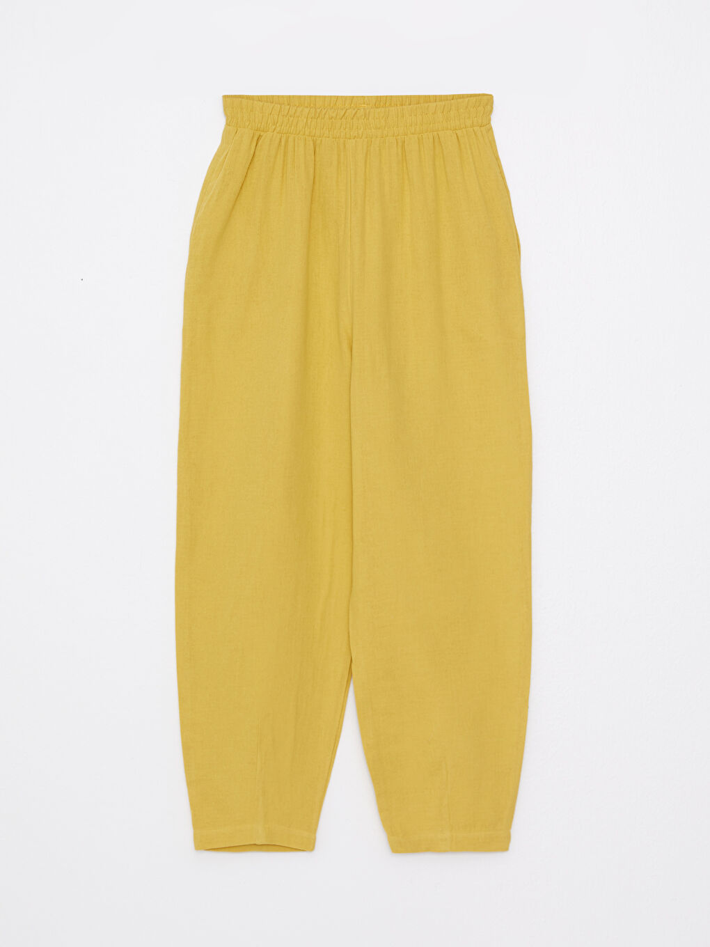 Sarı Beli Lastikli Rahat Kalıp Düz Müslin Kumaş Kadın Pantolon-5