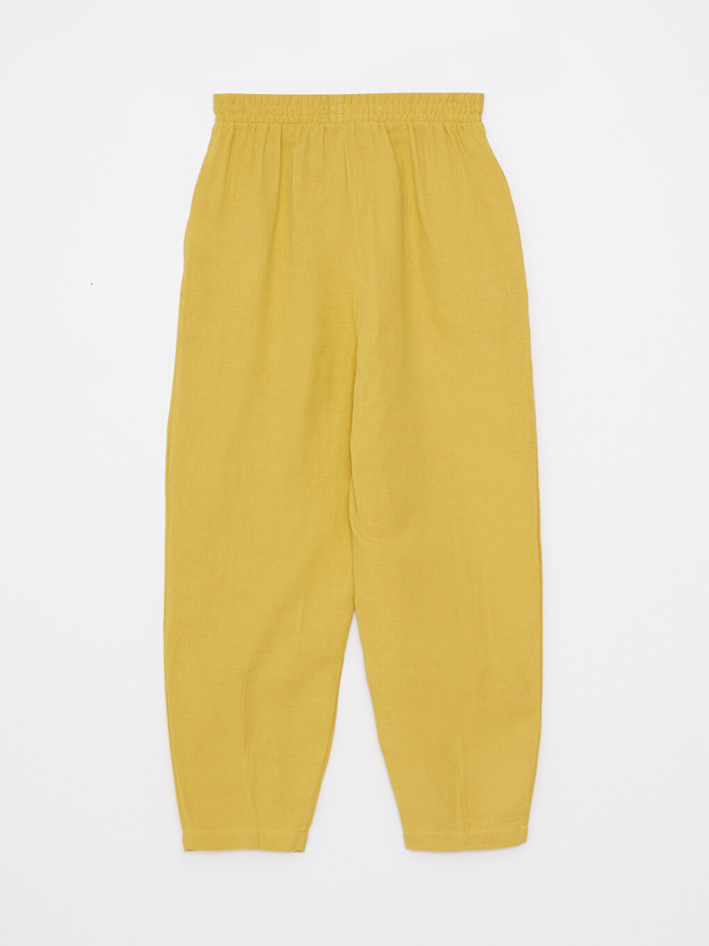 Sarı Beli Lastikli Rahat Kalıp Düz Müslin Kumaş Kadın Pantolon-6