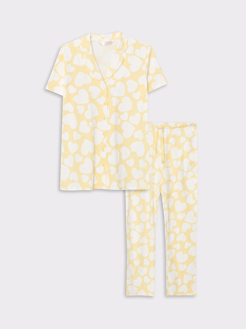 Sarı Gömlek Yaka Desenli Kısa Kollu Pamuklu Kadın Pijama Takımı-4