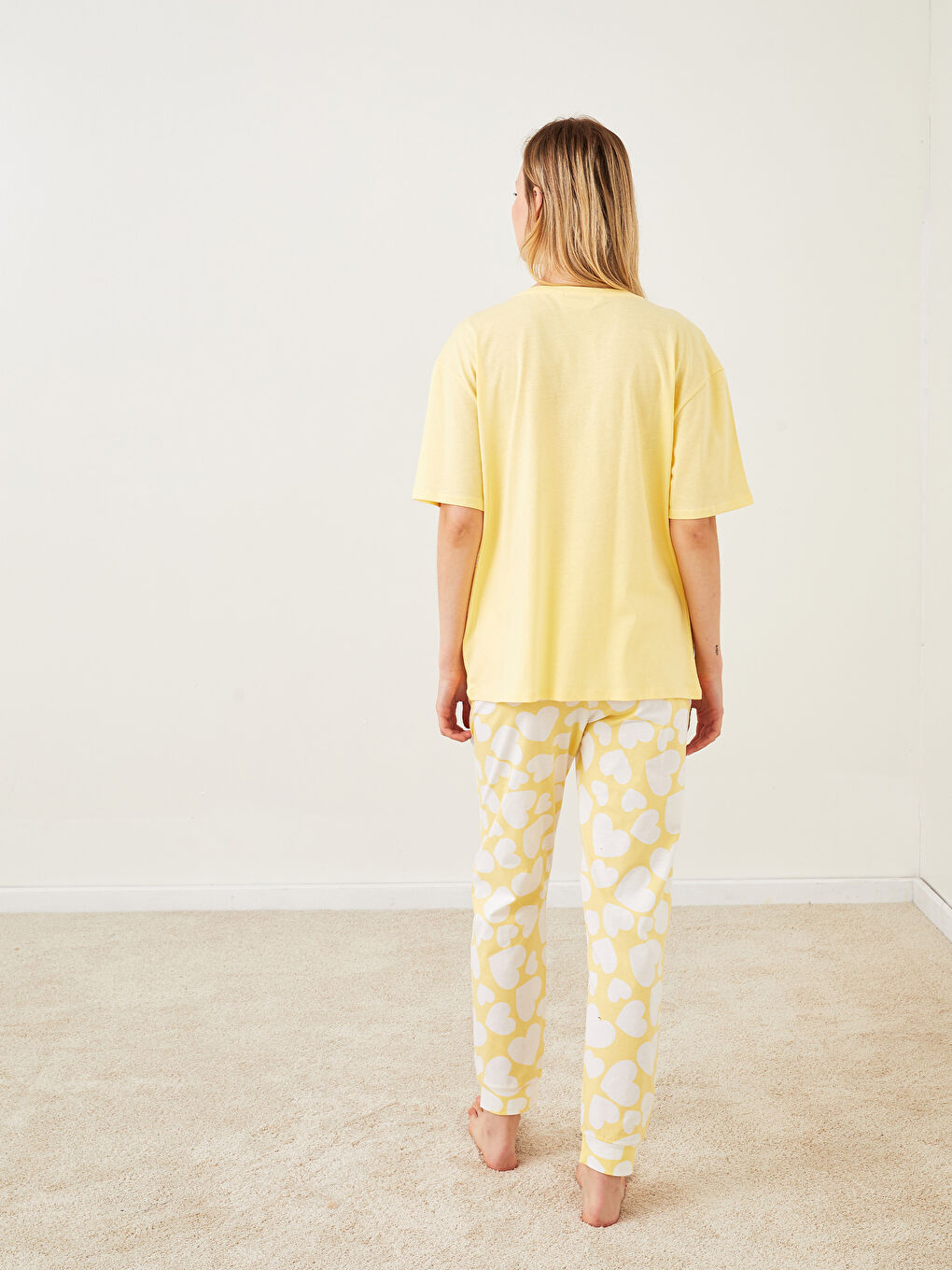 Set de pijama din bumbac cu mânecă scurtă imprimată și guler rotund pentru femei-4