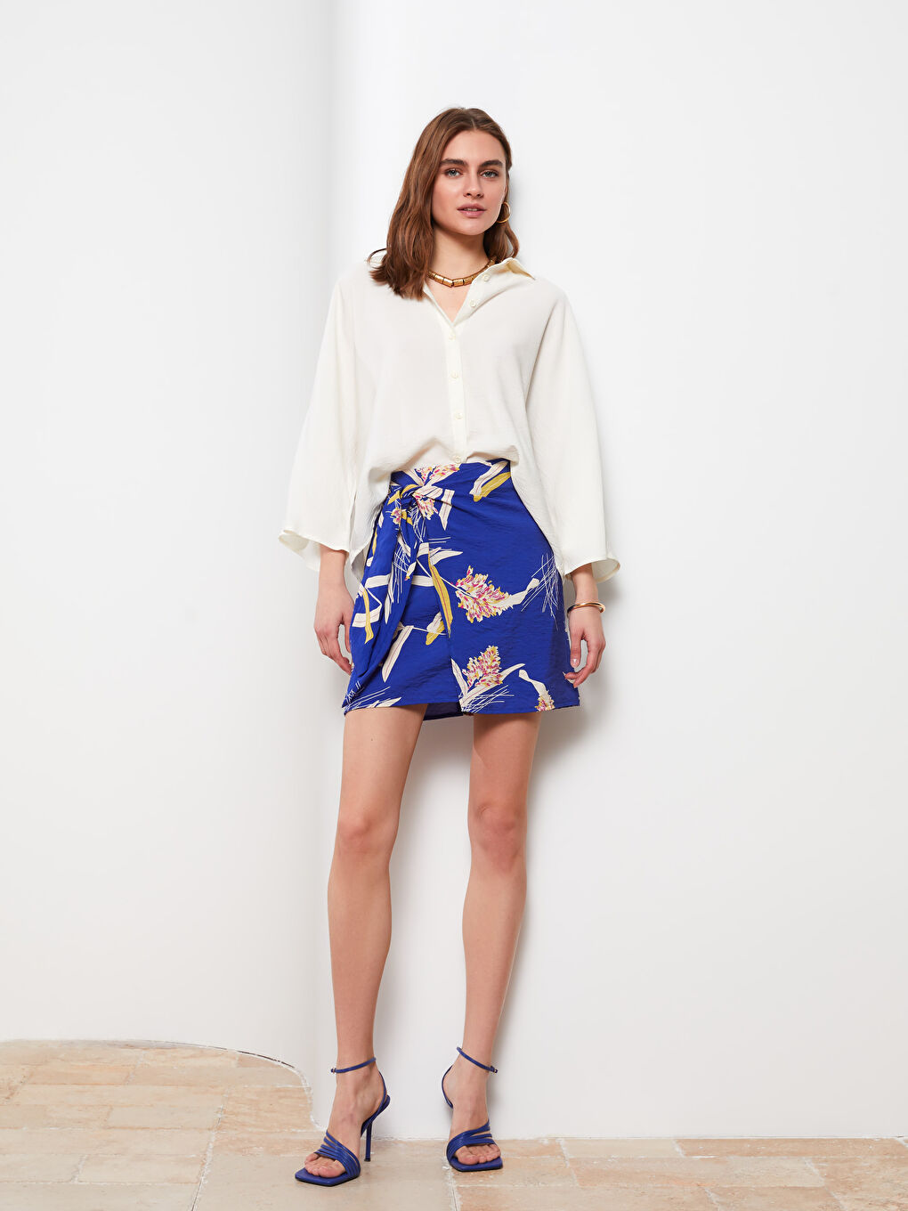 Lacivert Beli Bağlamalı Çiçekli A Kesim Kadın Etek