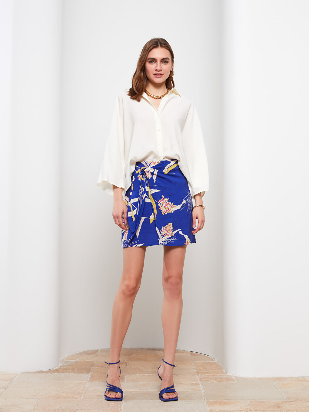 Lacivert Beli Bağlamalı Çiçekli A Kesim Kadın Etek-1