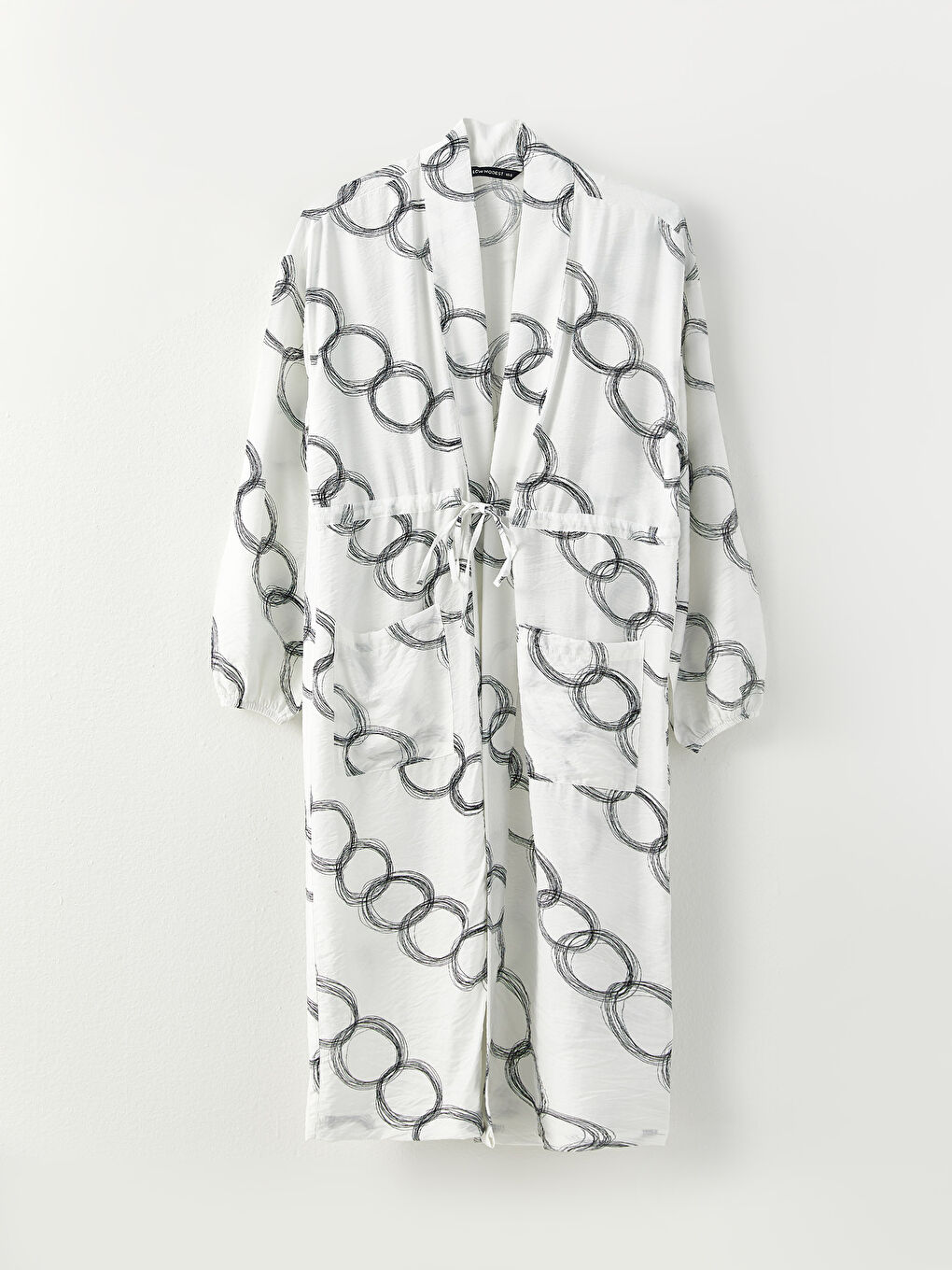 Ekru Şal Yaka Desenli Uzun Kollu Kadın Kimono-5