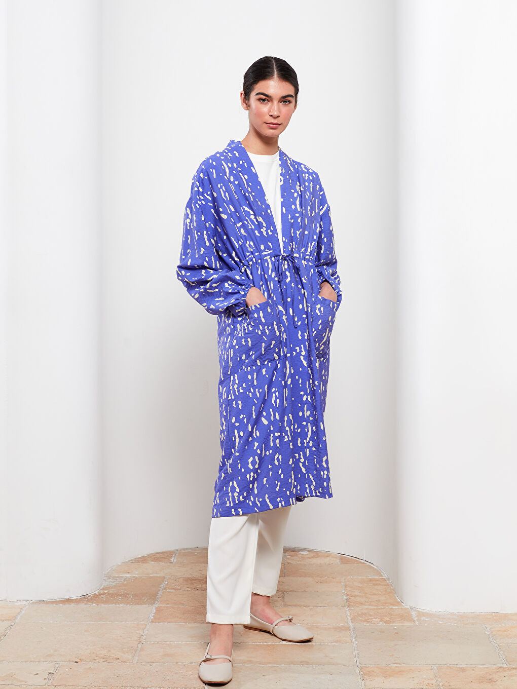 Mor Şal Yaka Desenli Uzun Kollu Kadın Kimono