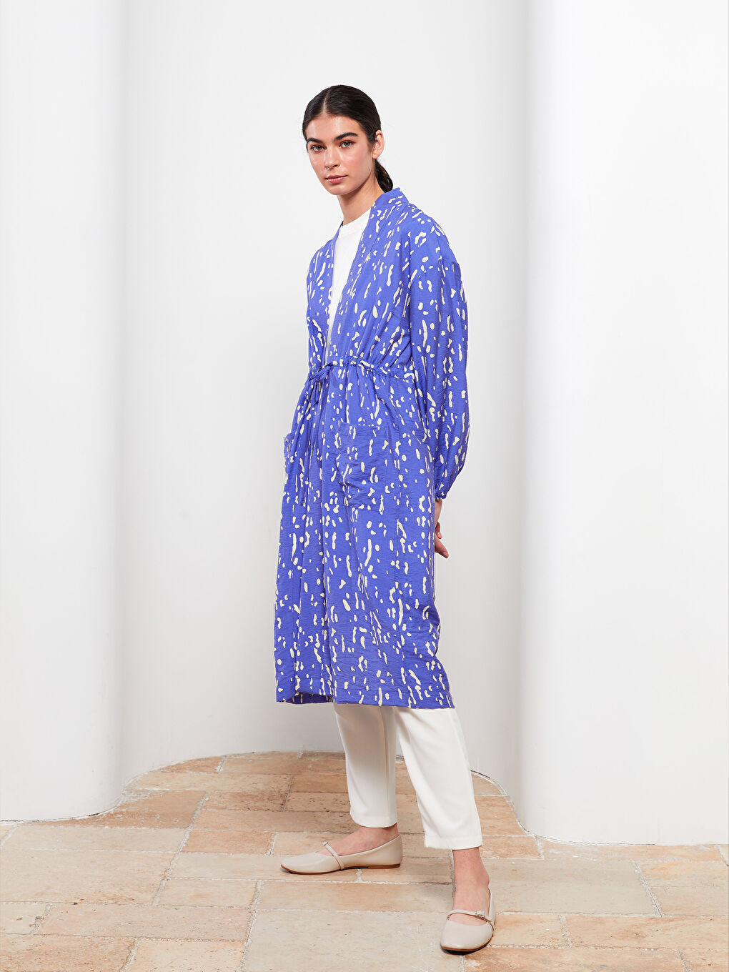 Mor Şal Yaka Desenli Uzun Kollu Kadın Kimono-1