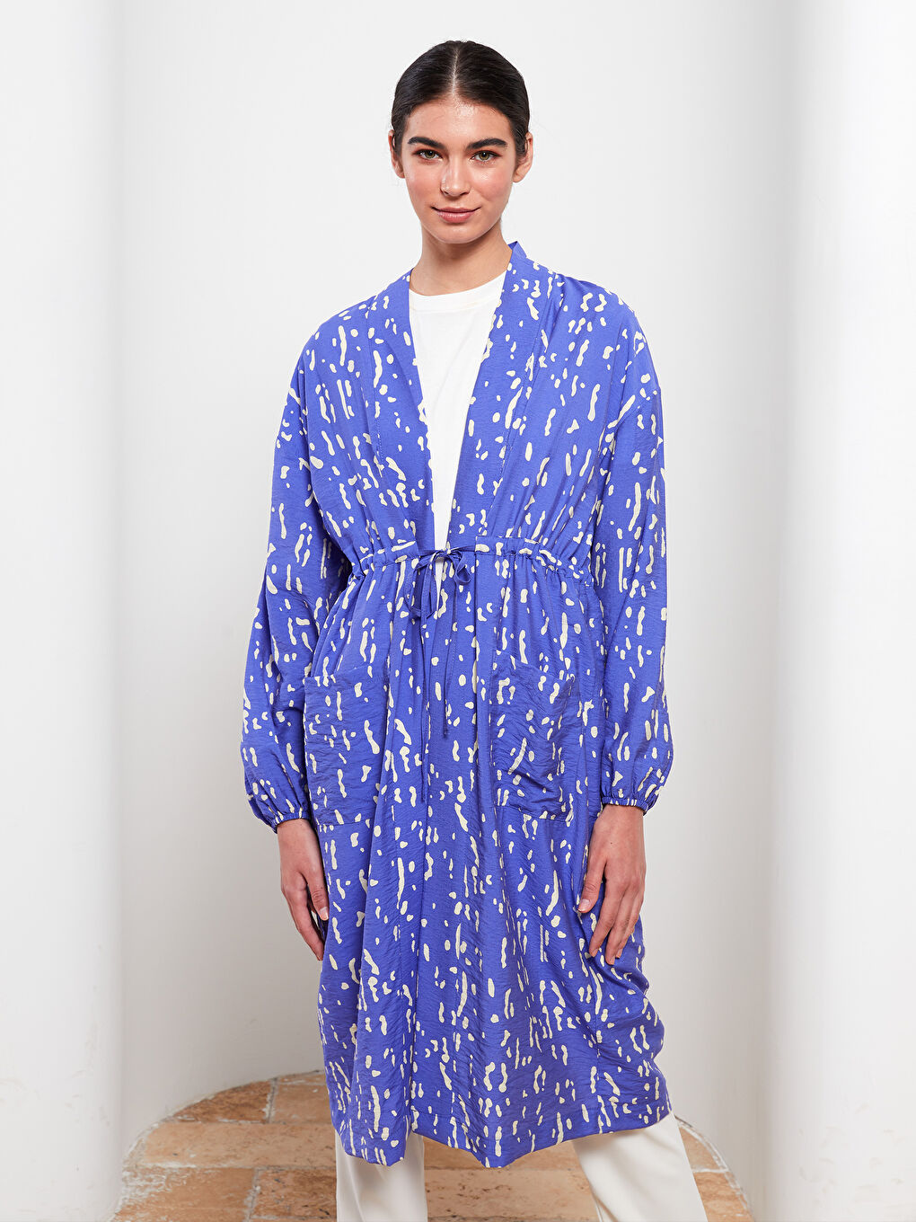 Mor Şal Yaka Desenli Uzun Kollu Kadın Kimono-2