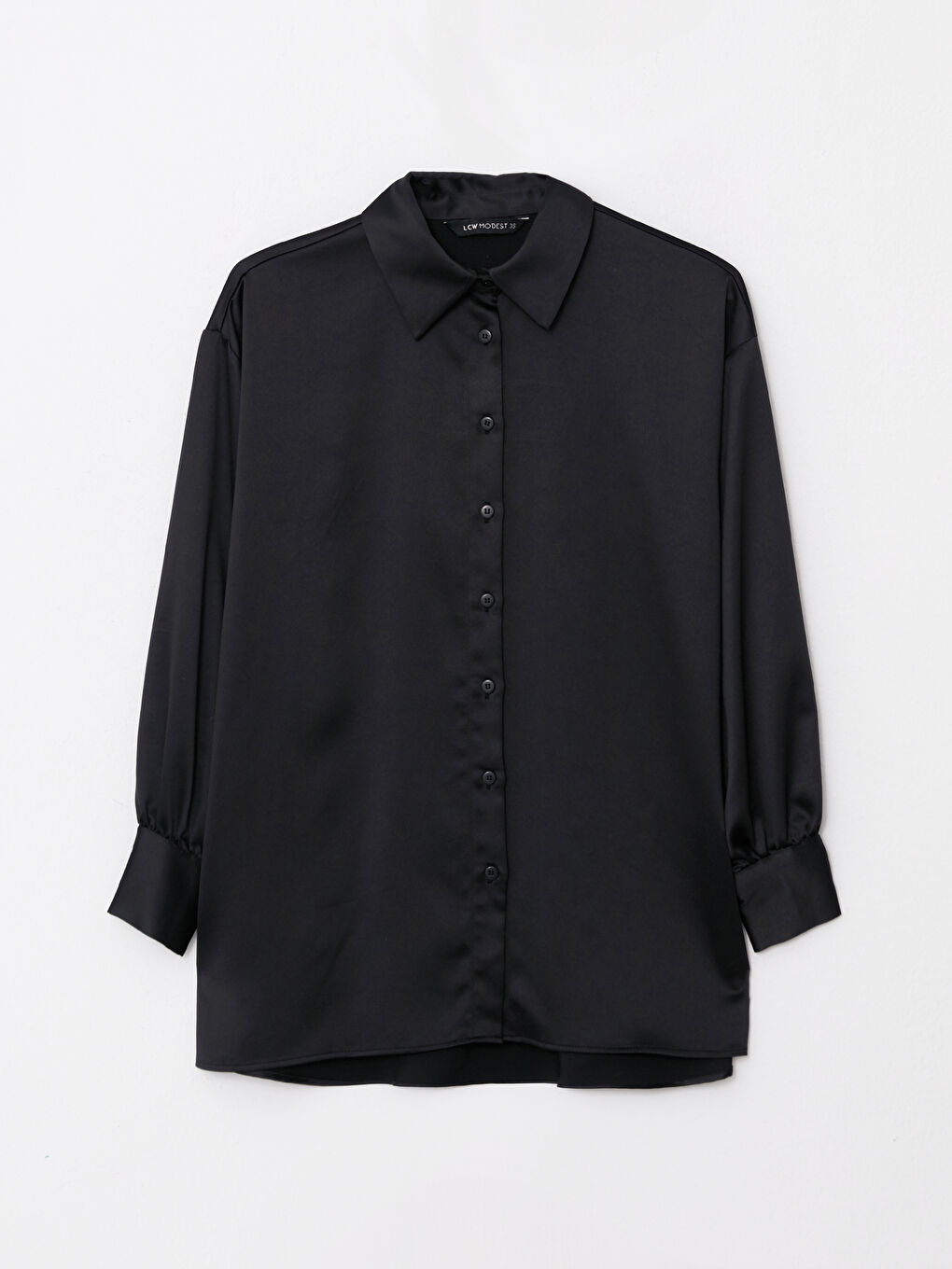 Siyah Düz Uzun Kollu Saten Kadın Gömlek Tunik-5