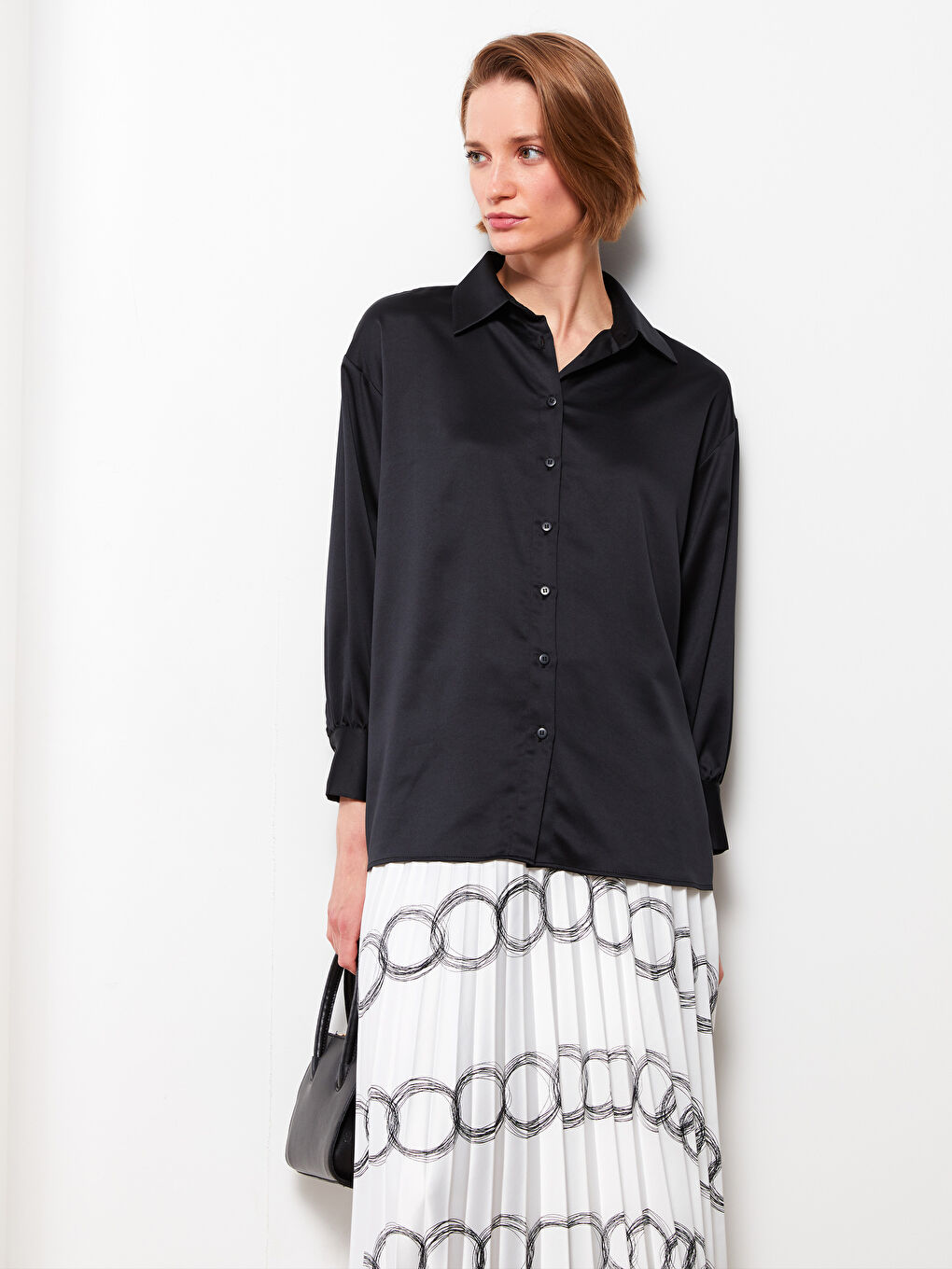 Siyah Düz Uzun Kollu Saten Kadın Gömlek Tunik-1