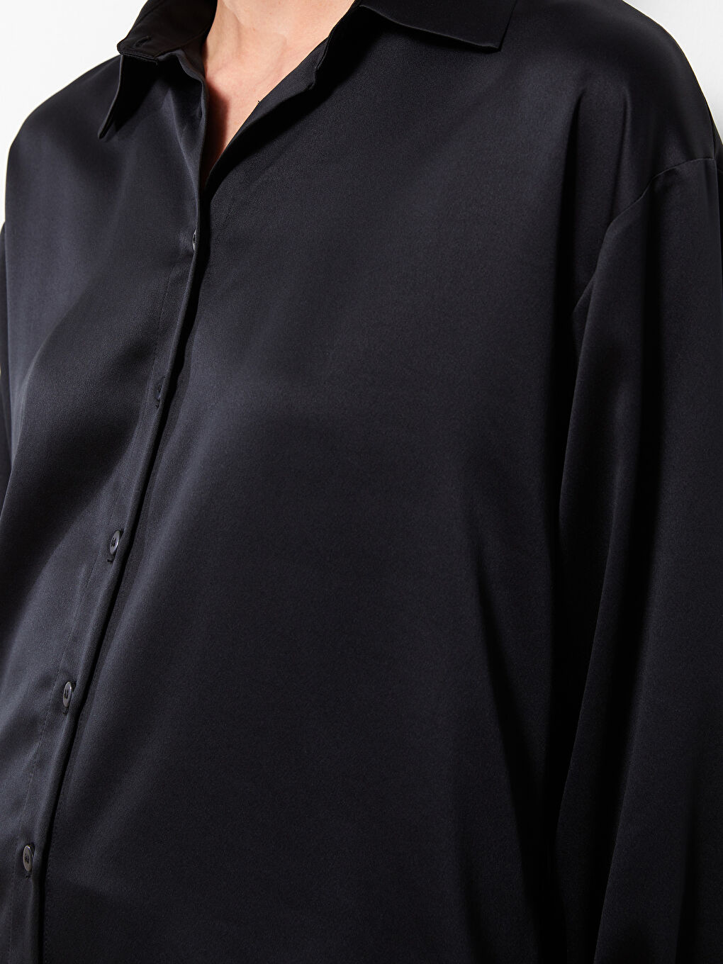 Siyah Düz Uzun Kollu Saten Kadın Gömlek Tunik-3