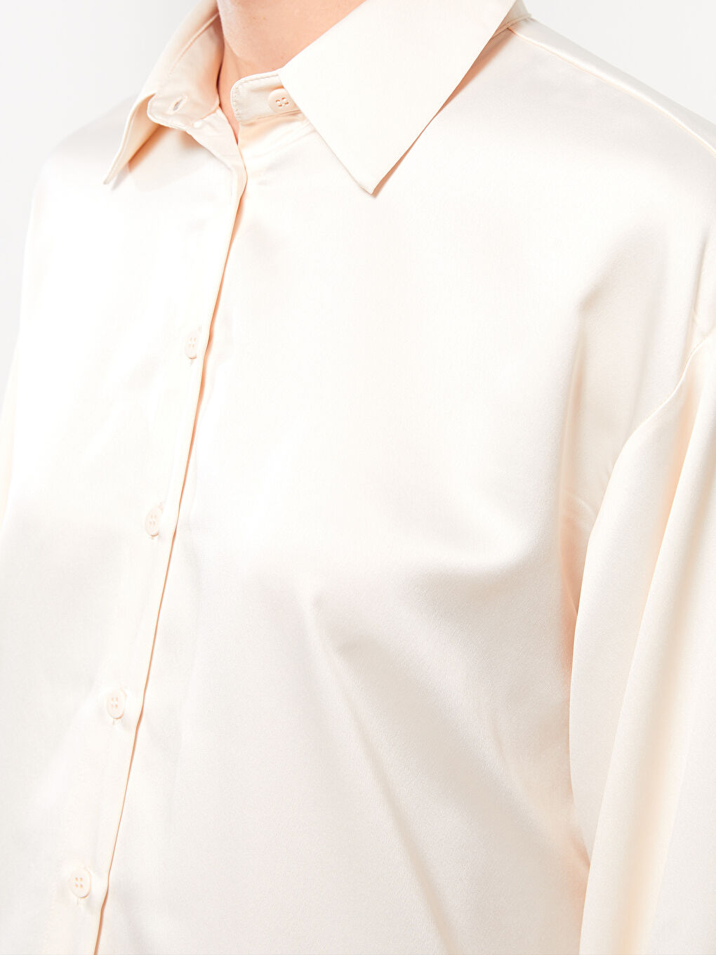 Ekru Düz Uzun Kollu Saten Kadın Gömlek Tunik-3