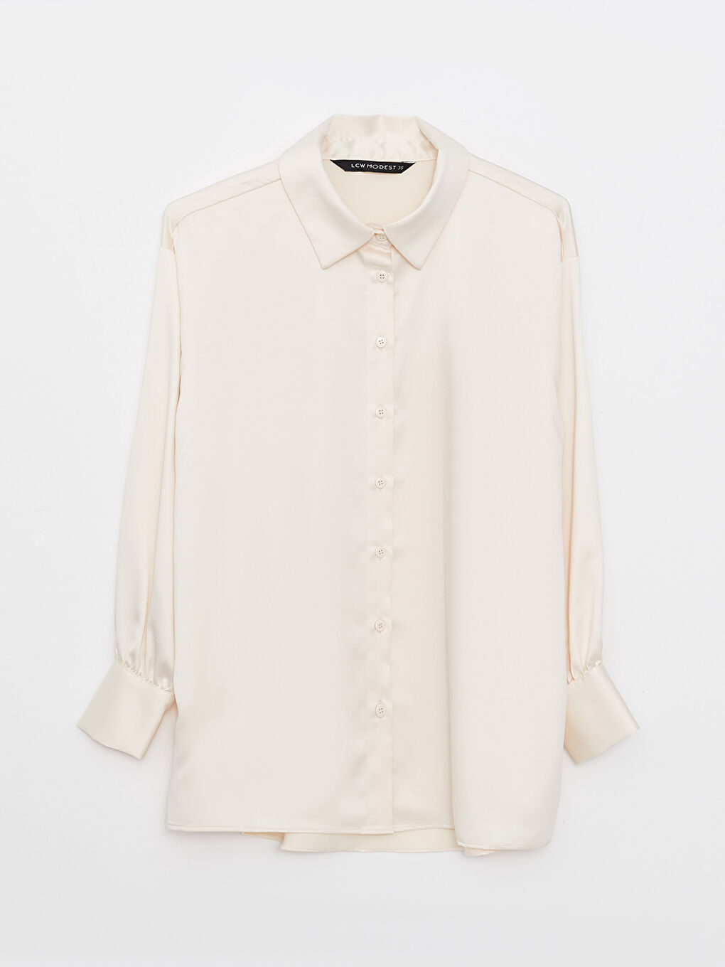 Ekru Düz Uzun Kollu Saten Kadın Gömlek Tunik-5