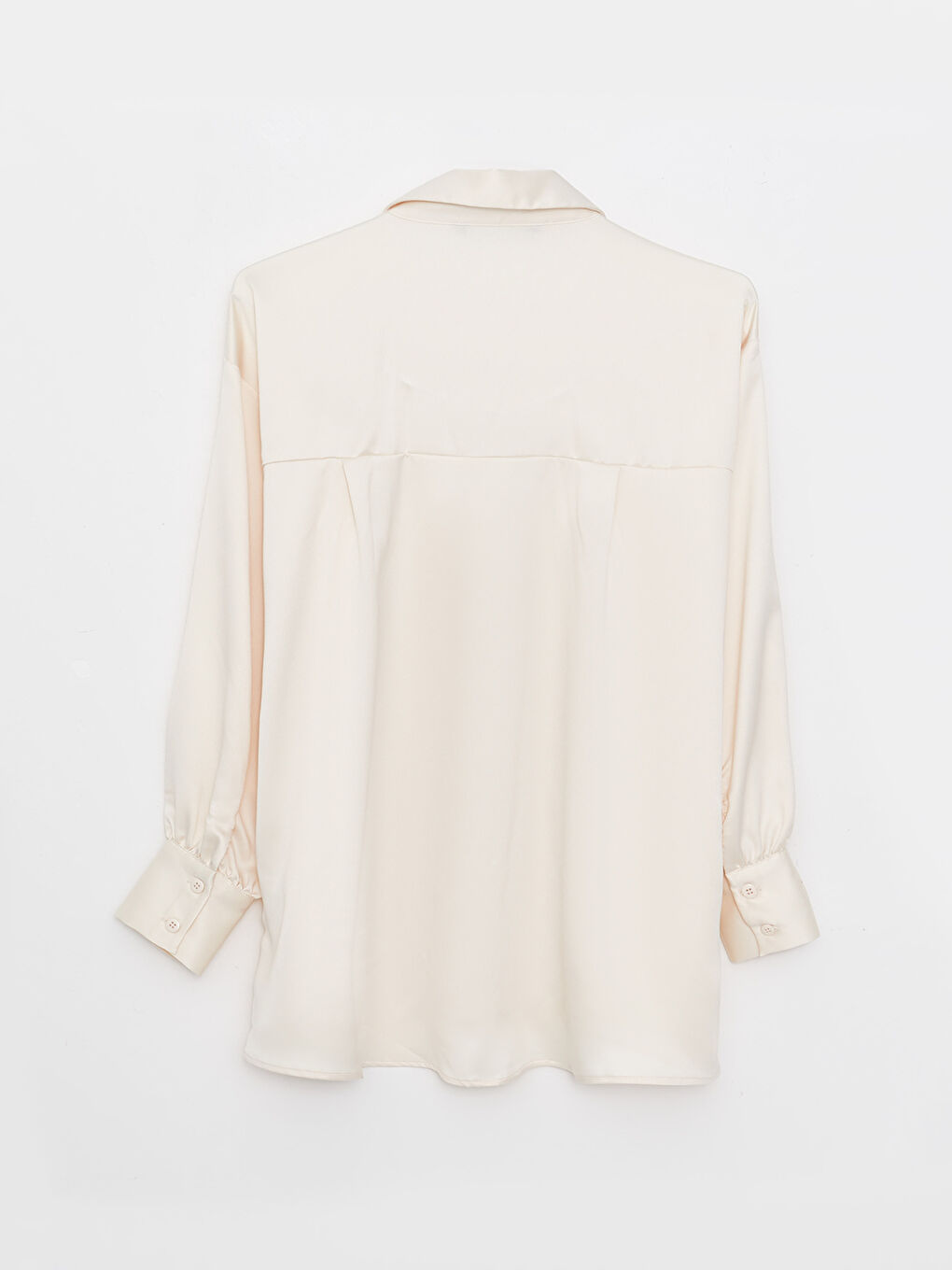 Ekru Düz Uzun Kollu Saten Kadın Gömlek Tunik-6