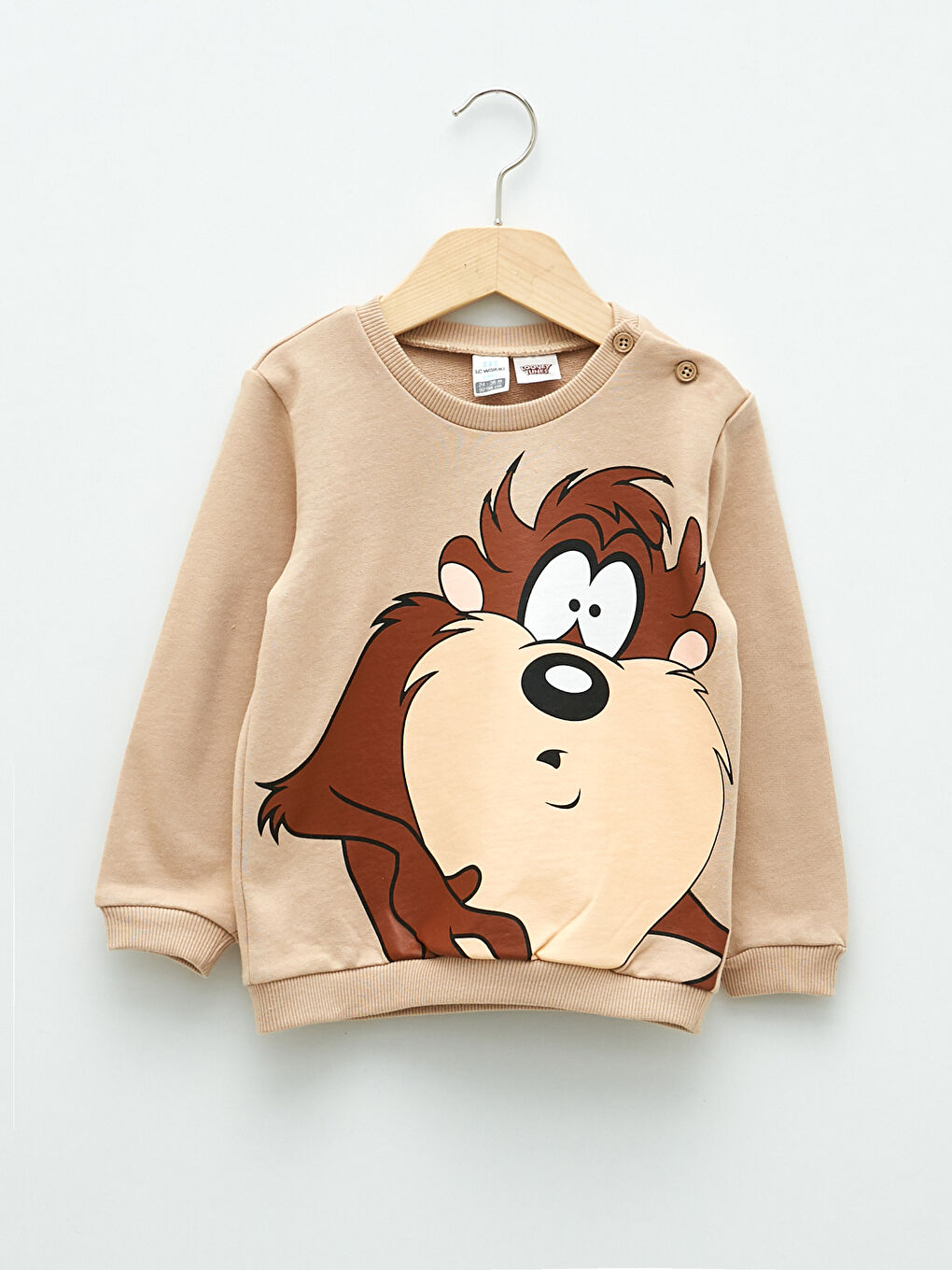 Bej Bisiklet Yaka Uzun Kollu Tazmanya Canavarı Baskılı Pamuklu Erkek Bebek Sweatshirt