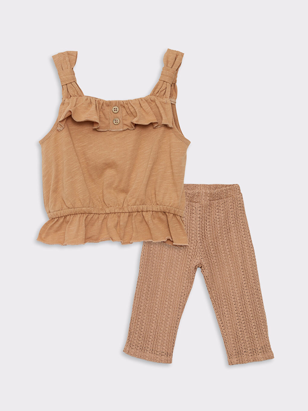 Kahverengi Kare Yaka Askılı Kız Bebek Bluz ve Pantolon 2'li Takım-3
