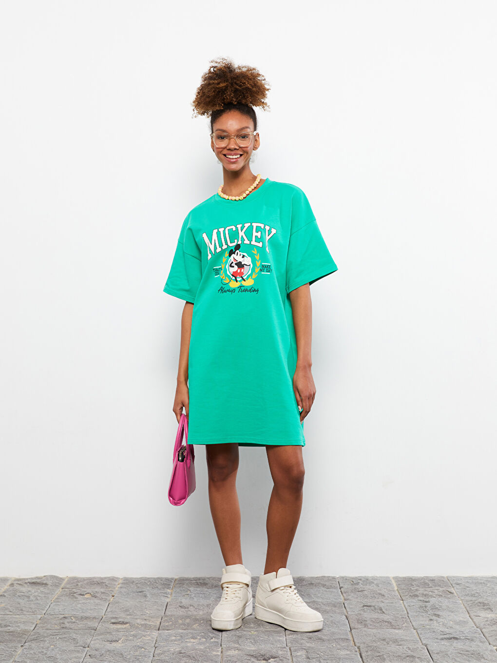 Crew Neck Mickey Mouse Printed Short Sleeve Women's Dress