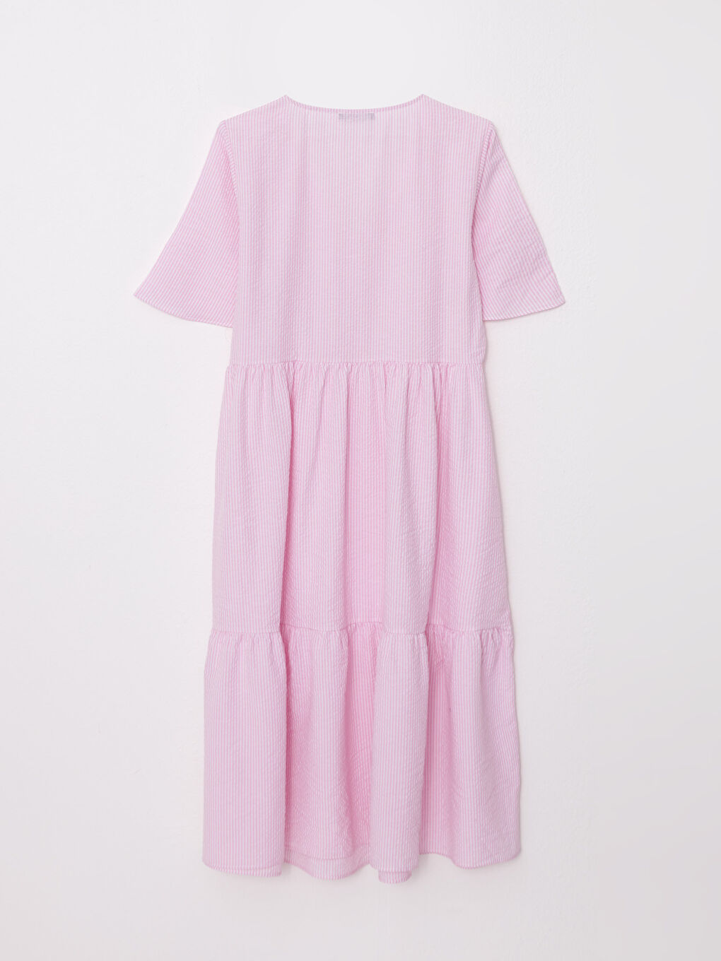 Pembe Büyük Beden V Yaka Çizgili Kısa Kollu Kadın Elbise-5