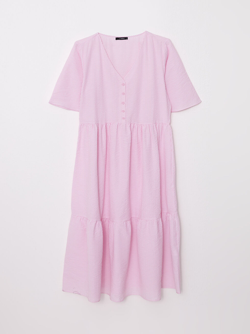 Pembe Büyük Beden V Yaka Çizgili Kısa Kollu Kadın Elbise-6