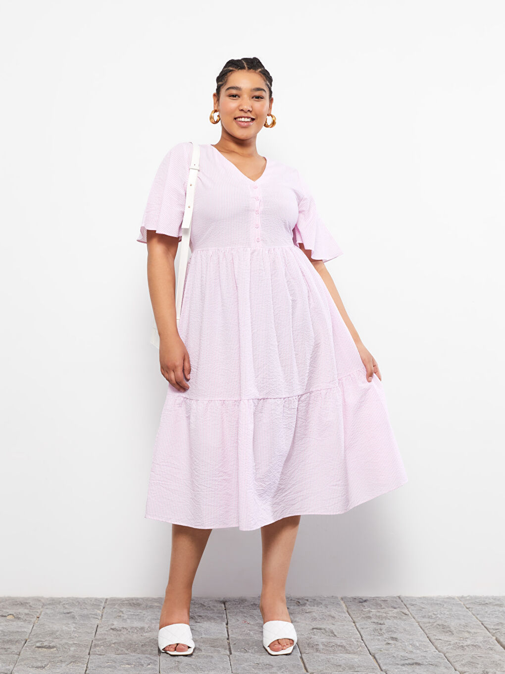 Pembe Büyük Beden V Yaka Çizgili Kısa Kollu Kadın Elbise-2