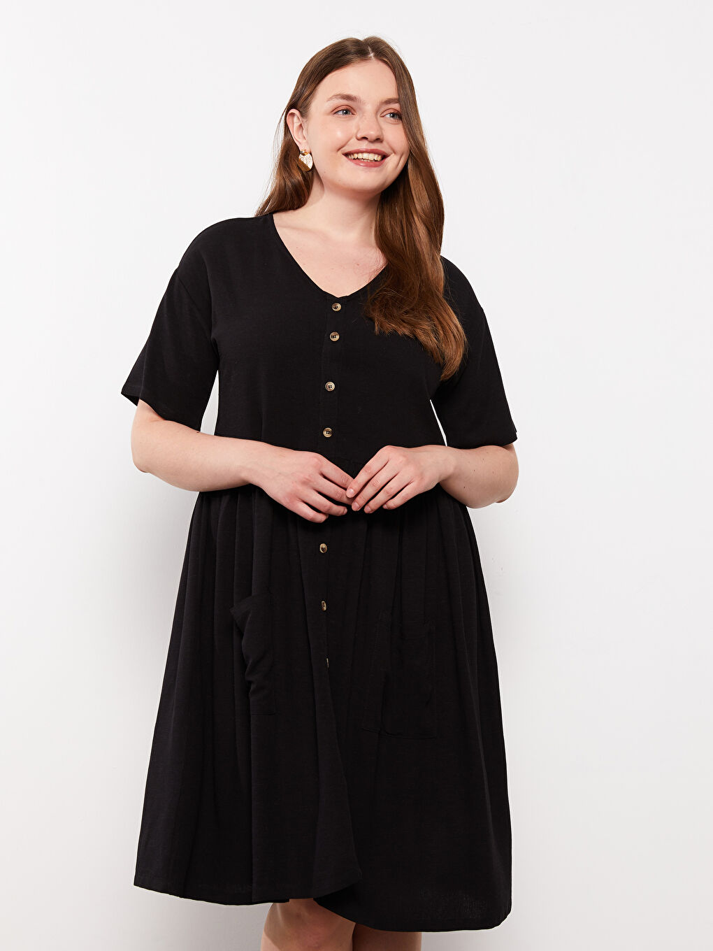 Siyah Büyük Beden V Yaka Düz Kısa Kollu Kadın Elbise-2