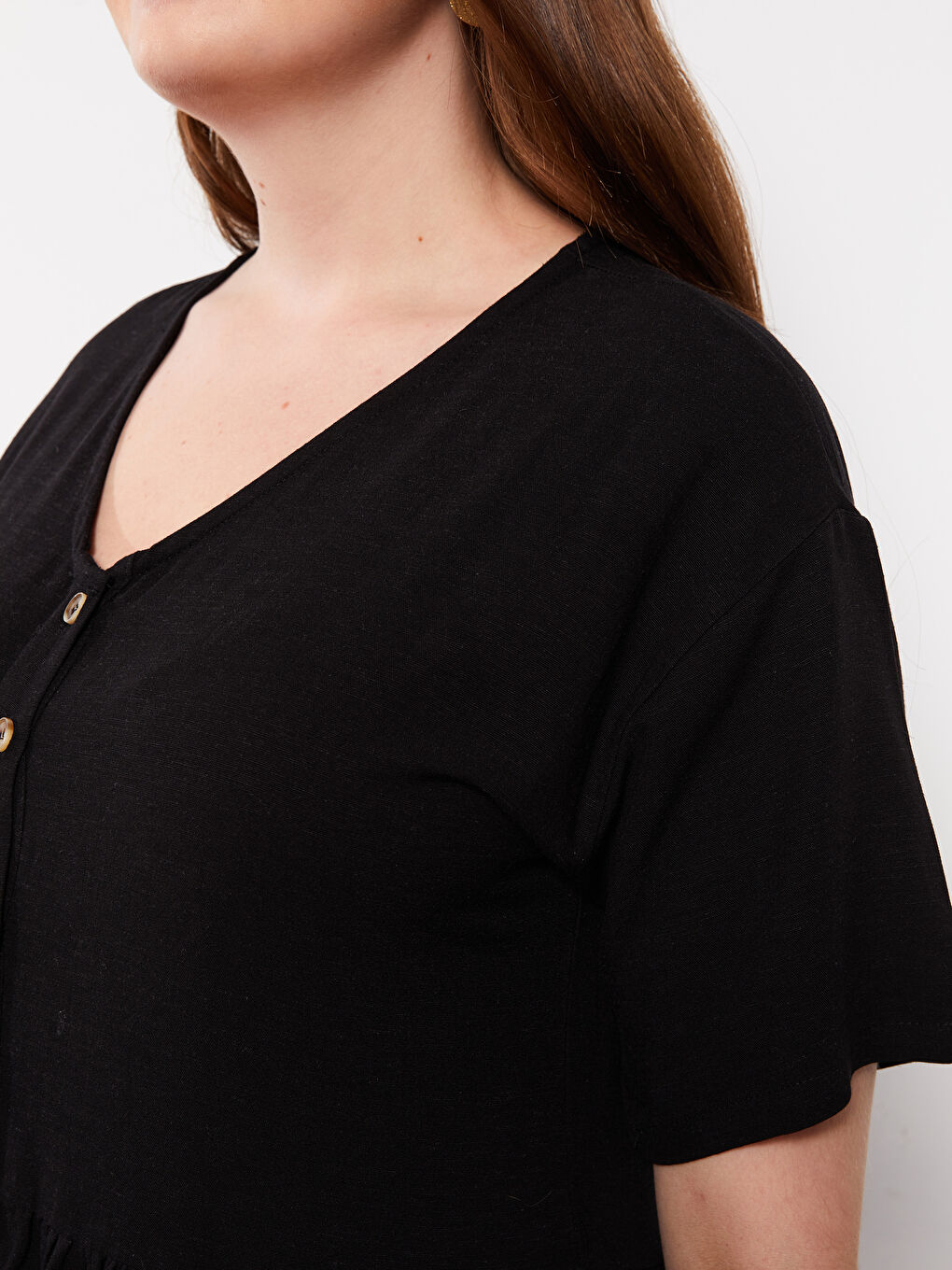 Siyah Büyük Beden V Yaka Düz Kısa Kollu Kadın Elbise-3