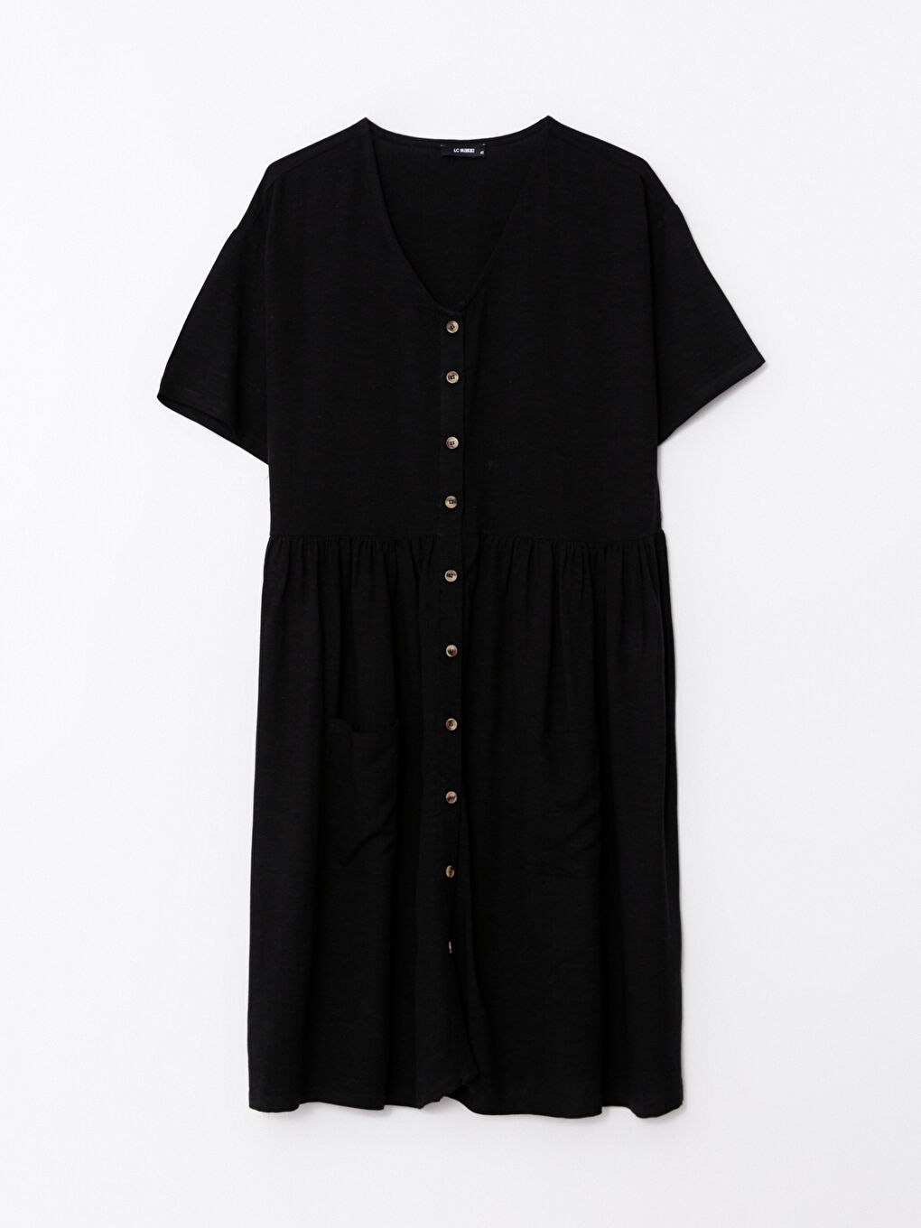 Siyah Büyük Beden V Yaka Düz Kısa Kollu Kadın Elbise-6